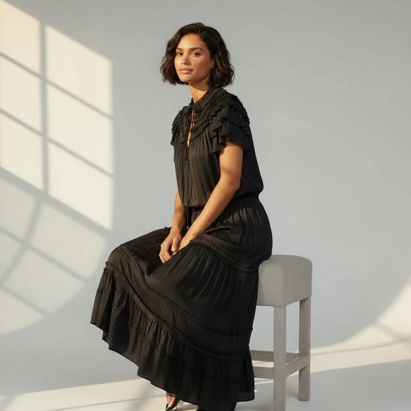 NWT $495 Elie Tahari RUNWAY Black Pleated Ruffle Maxi Dress - Picture 10 of 10